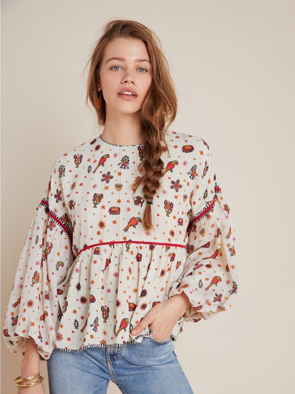 Nikasha / Anthropology size Medium Ivory Peasant Blouse with Floral & Bird Print